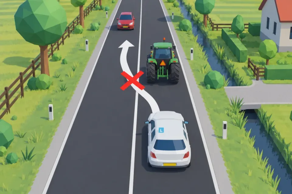 Learner car behind a tractor at a solid centre line; overtaking across the line is crossed out