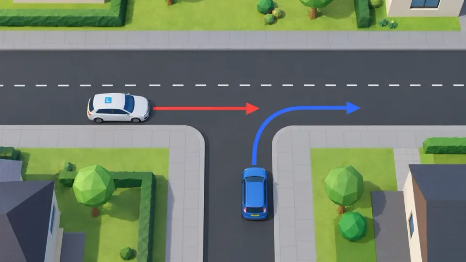 Equal T-junction: no shark teeth and no stop signs. Then the right goes first. The blue car comes out of the side road from the right and goes first, even though it is turning. The learner car waits.