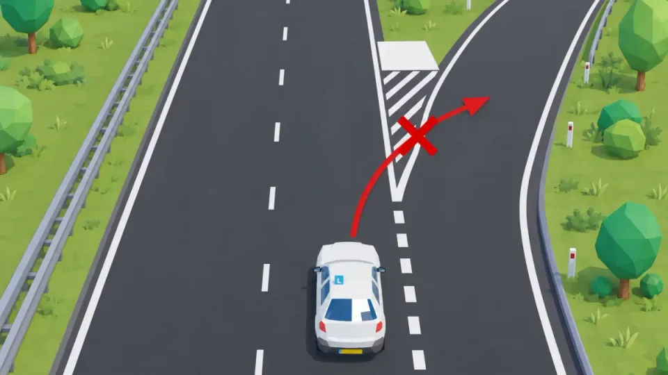 Learner car on the motorway with a red arrow across the hatched markings and the gore area to the exit, crossed out with a red cross