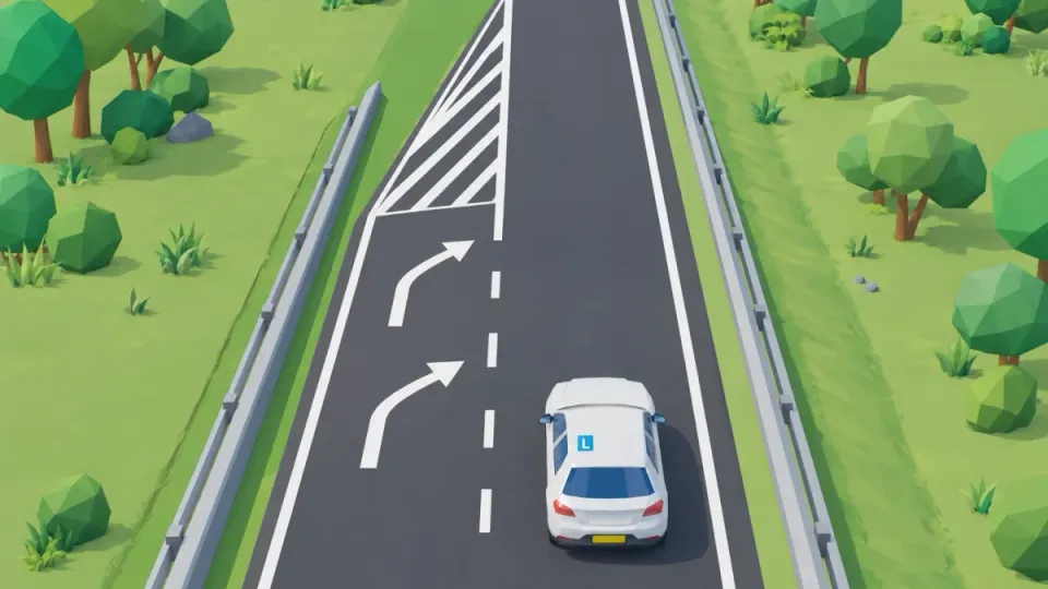 De linkerrijstrook houdt op: twee witte schuine pijlen op de weg wijzen naar rechts, daarna een verdrijvingsvlak met schuine witte strepen