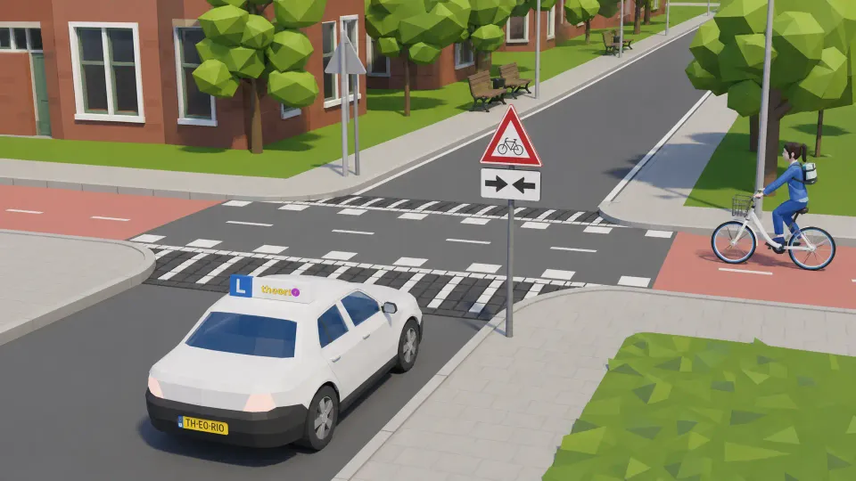Intersection with a warning sign for cyclists and speed bump markings on the road surface, without priority signs