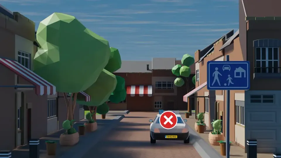 Learner car parked outside a bay in a residential zone, with a red cross: you may not park here. On the right the blue erf sign.