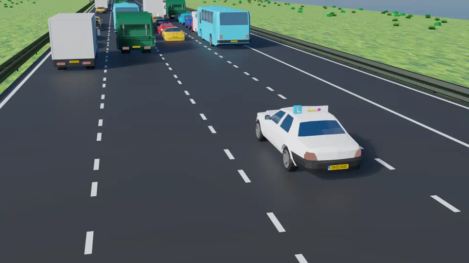 A car driving off a traffic jam with hazard warning lights on and rolling out calmly