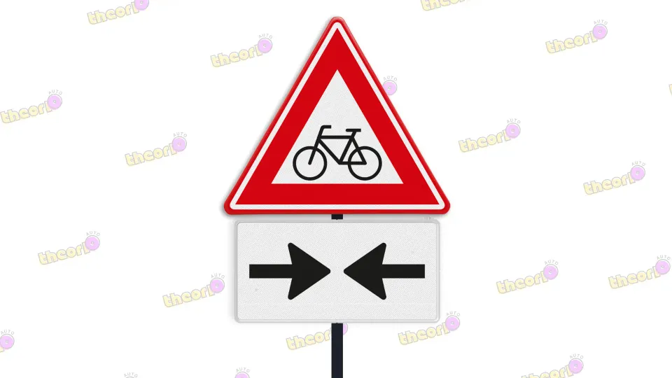 The supplementary warning shows traffic from both directions. Look left and right when crossing the path.