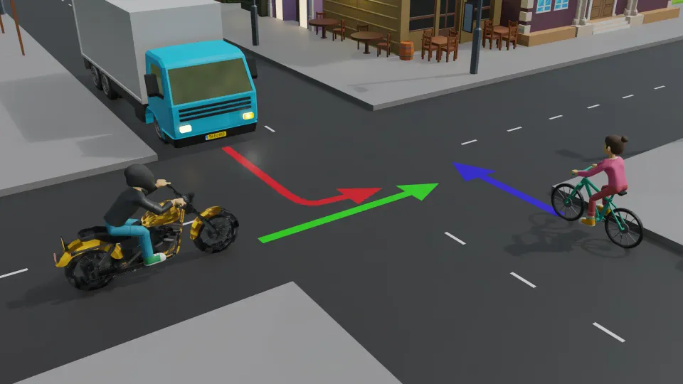 Equivalent intersection with a driving school car, a motorcycle from the right and a cyclist who comes from the right again relative to the motorcycle
