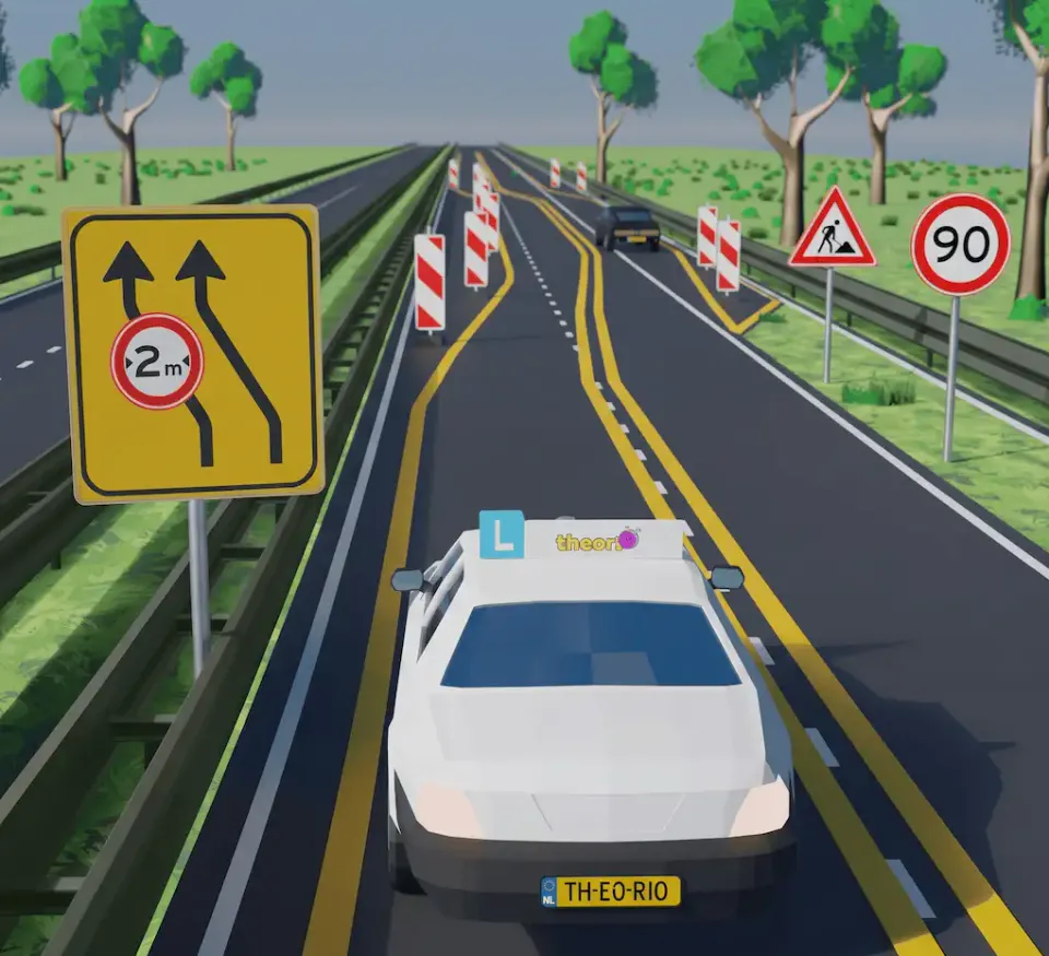 Driving school car at roadworks on the motorway with yellow lines, a yellow lane sign and a temporary 90 km/h sign