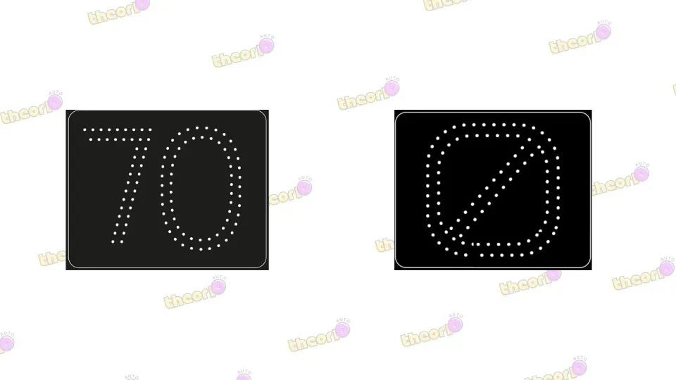 Matrix sign with 70 next to the end symbol: a circle of lights with a diagonal line