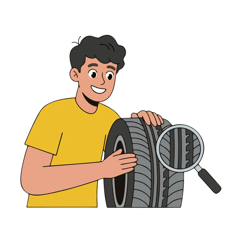 Illustration of a mechanic checking the tread of a car tyre with a magnifying glass