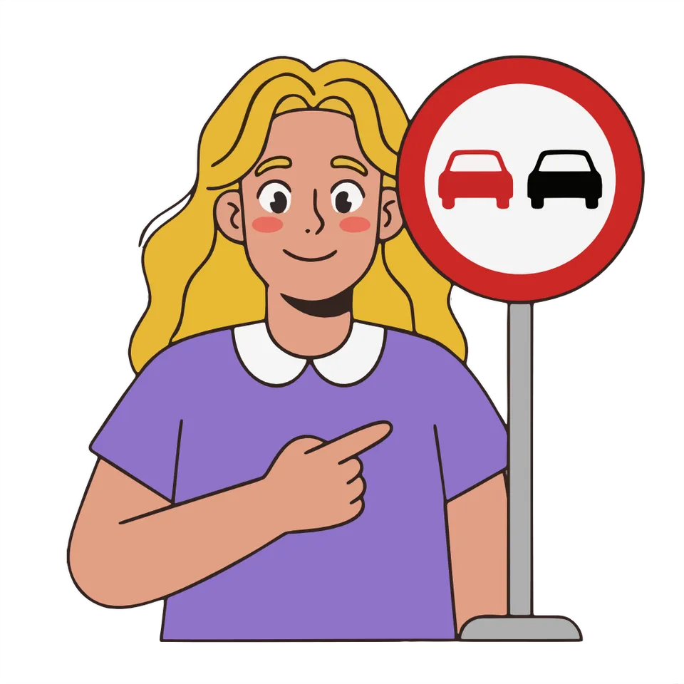 Illustration of a learner pointing at a round overtaking prohibition sign