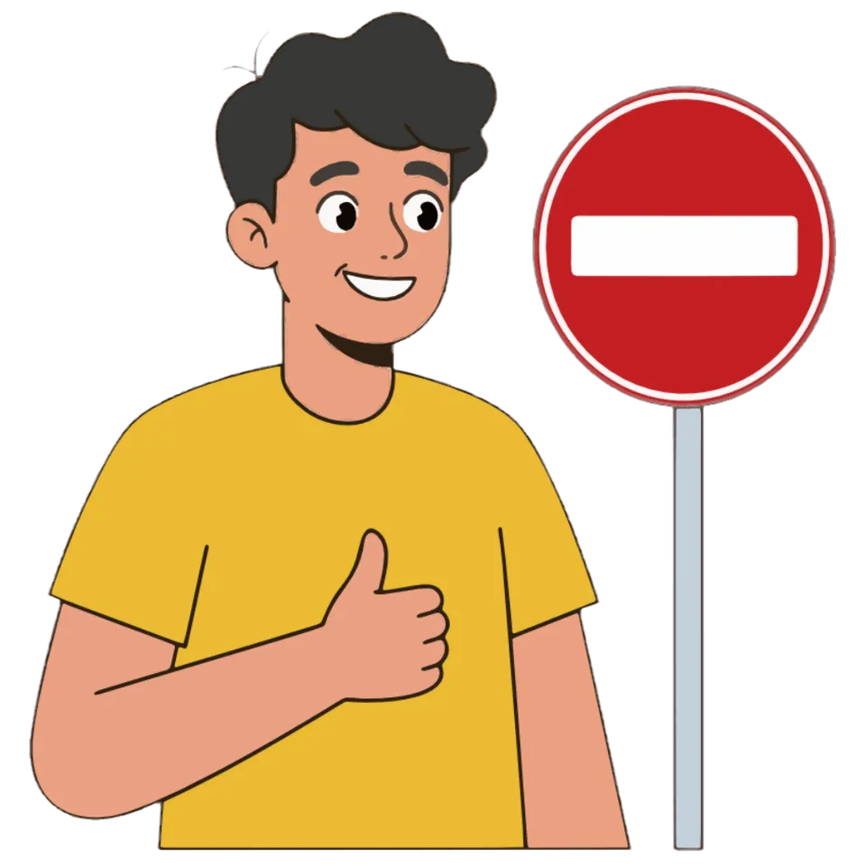 Illustration of a student next to a round prohibition sign with a one-way sign