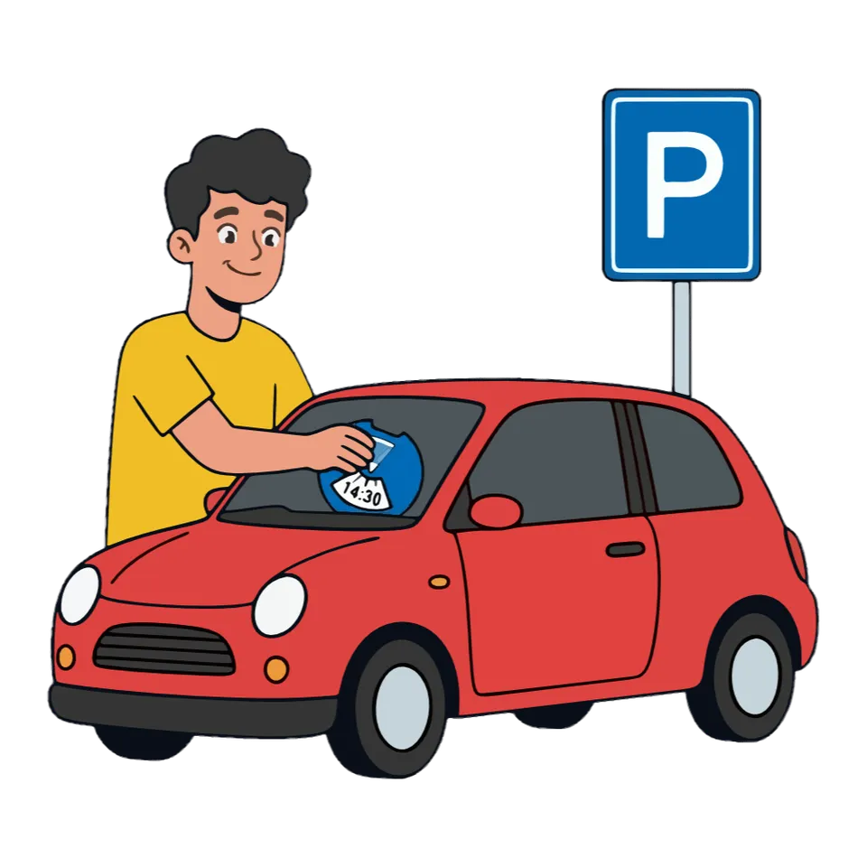 Illustration of a red car next to a blue parking sign with a P on it