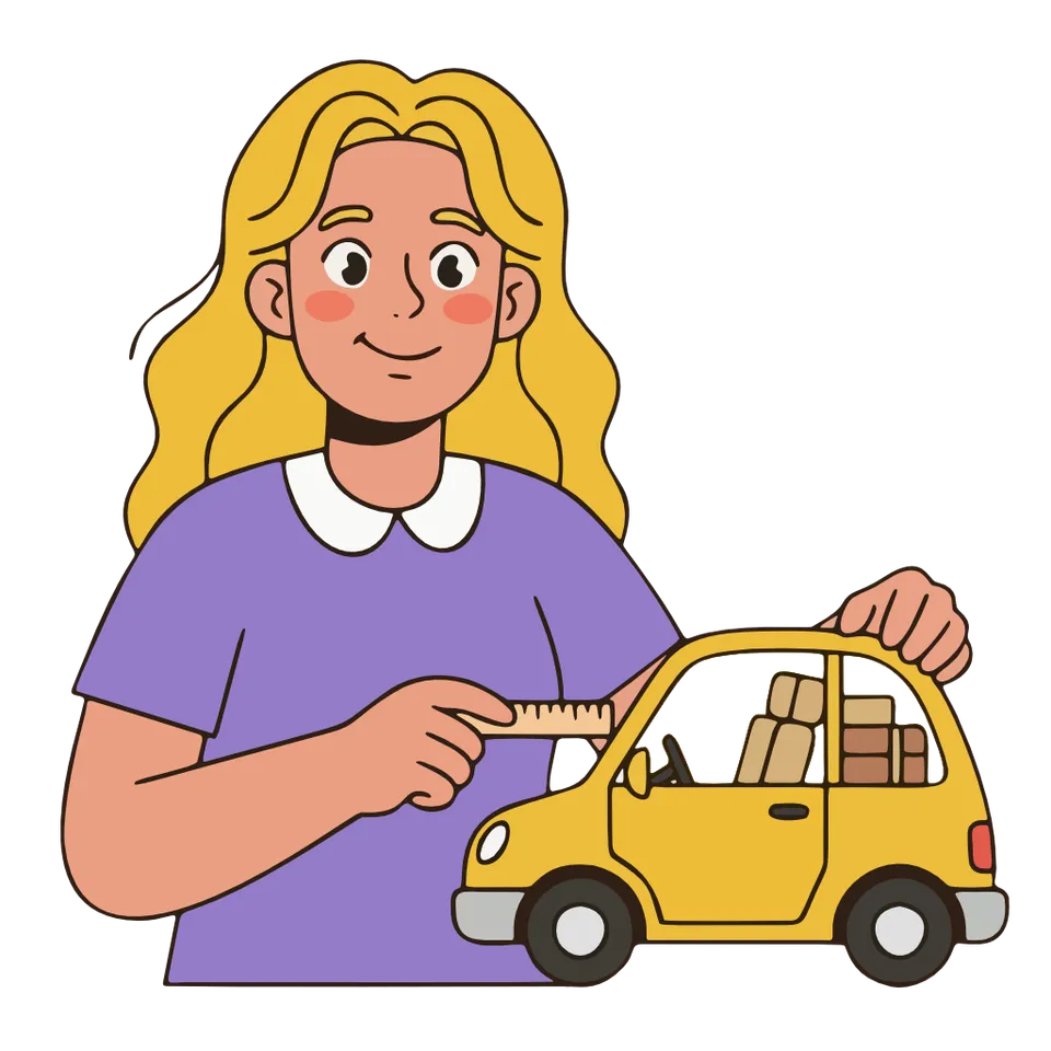 Illustration of a student measuring the dimensions of a yellow car