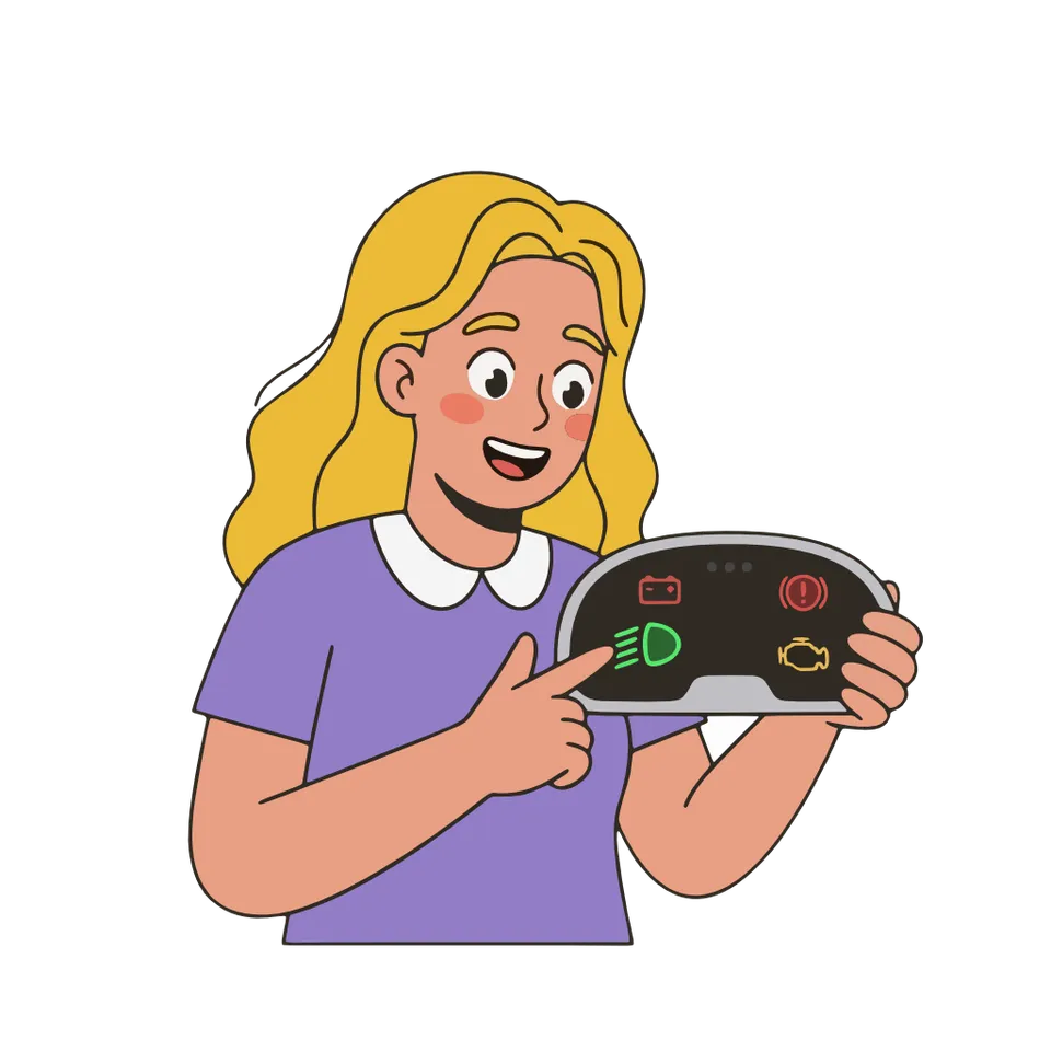 Illustration of a learner holding a dashboard with illuminated warning lights