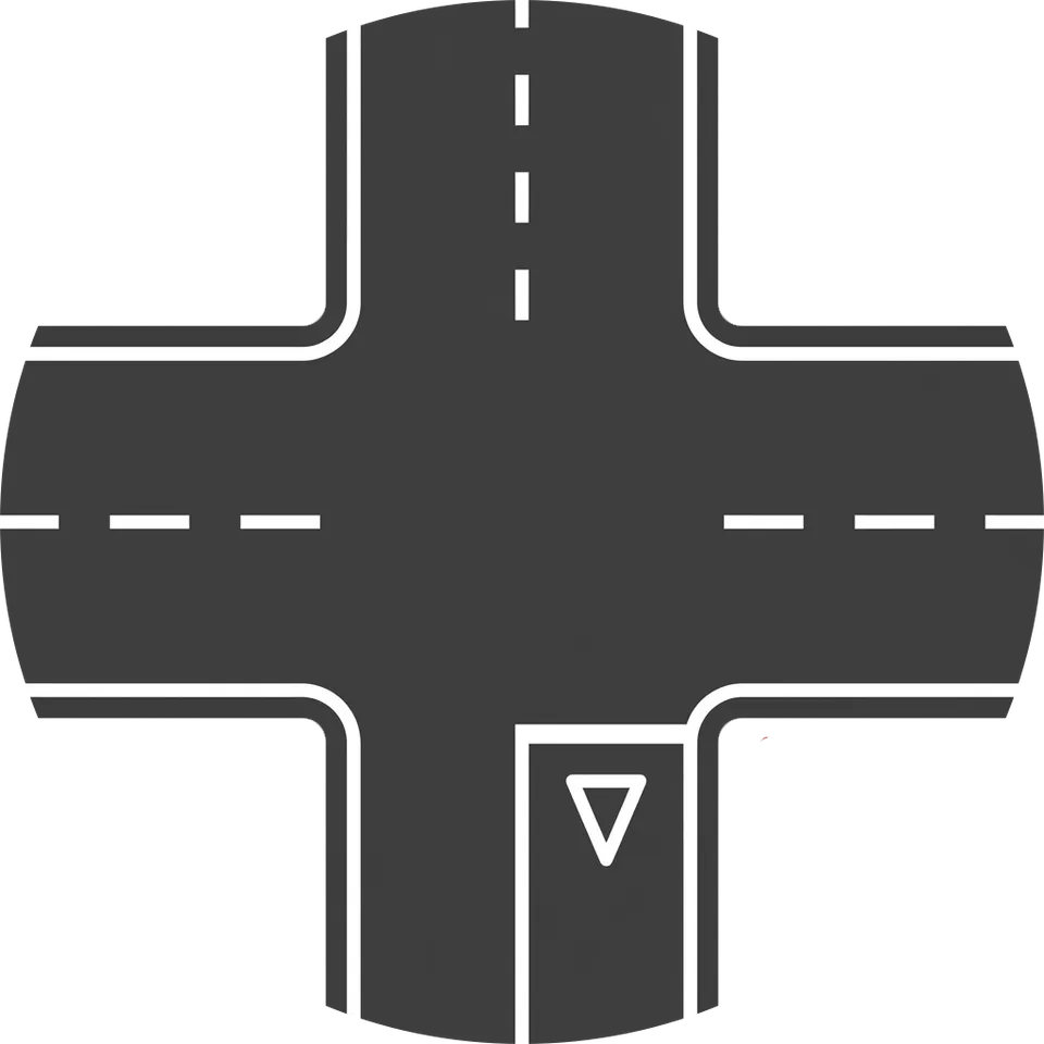 Top view of an intersection with white road markings and yield lines / shark's teeth
