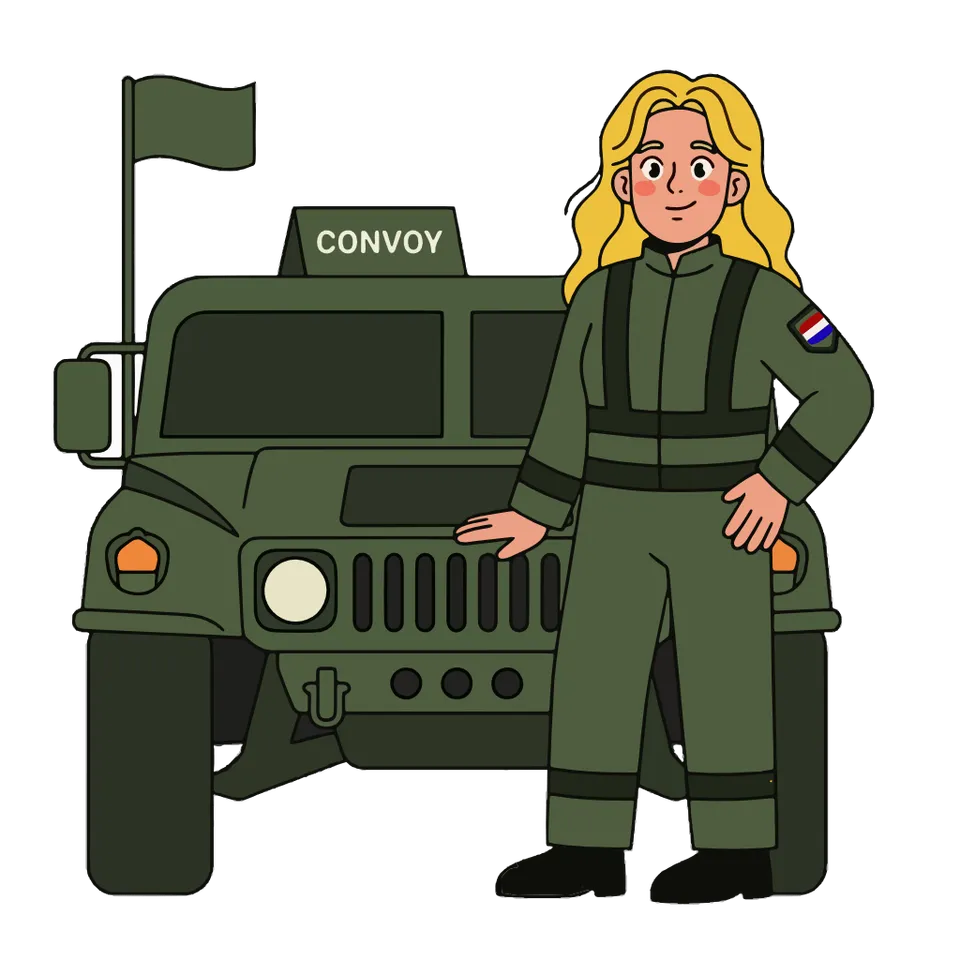 Illustration of a military convoy with a convoy flag as a special road user