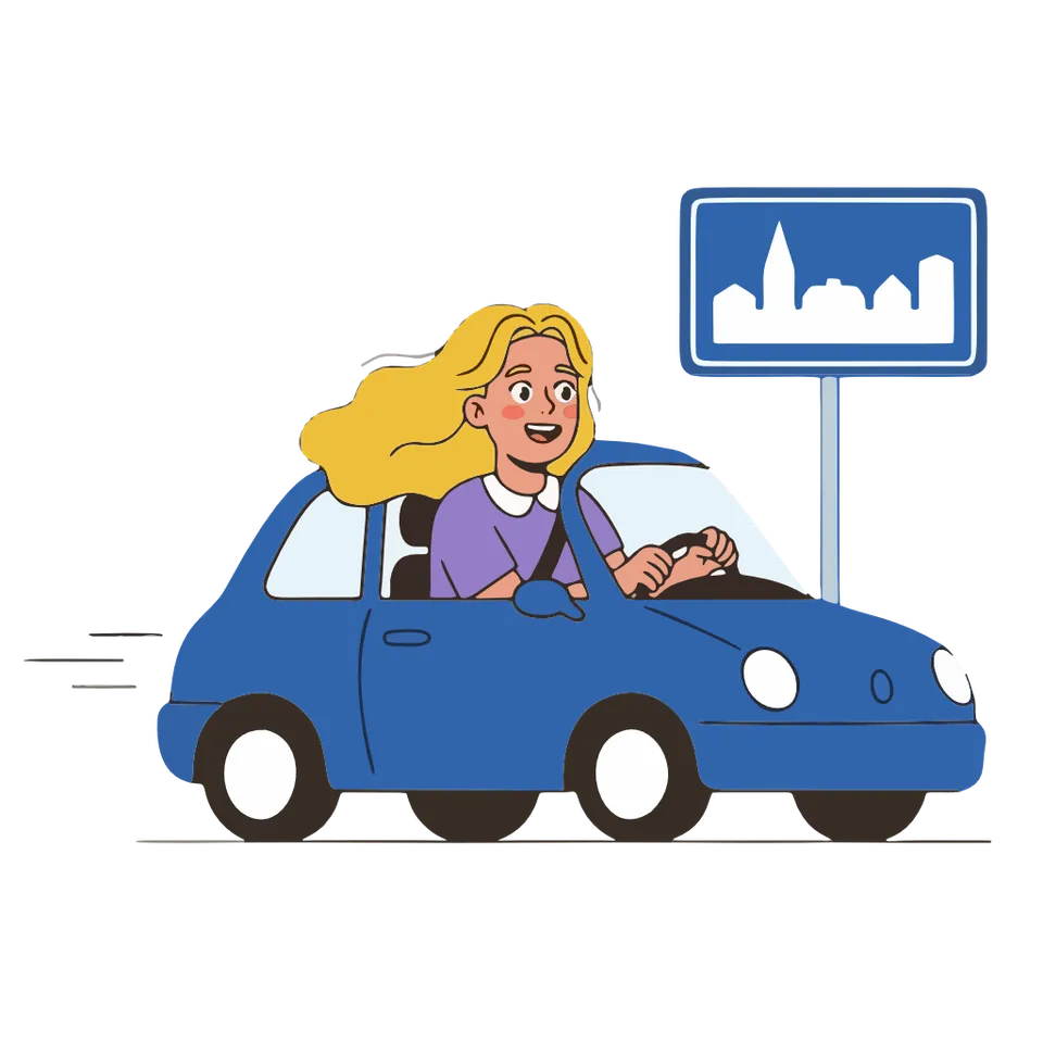 Illustration of a car on the road next to a blue sign for the built-up area