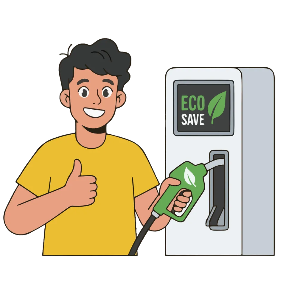Illustration of a driver giving a thumbs-up next to a green eco fuel pump