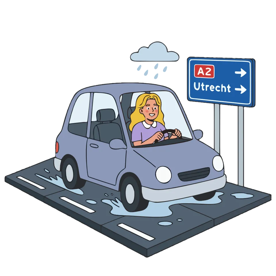 Illustration of a car on wet motorway asphalt next to a blue sign pointing toward Utrecht