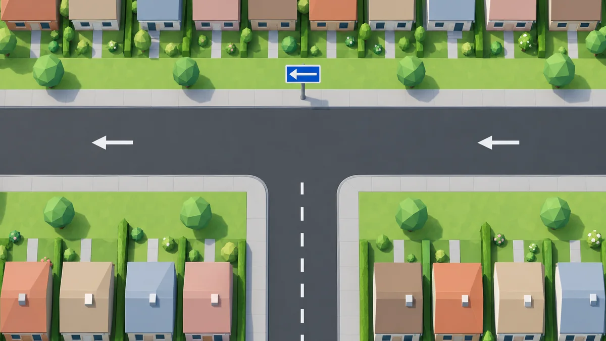 T-junction. The crossing street is a one-way street to the left, with sign C4 with a white arrow to the left. The learner car waits in the side street.