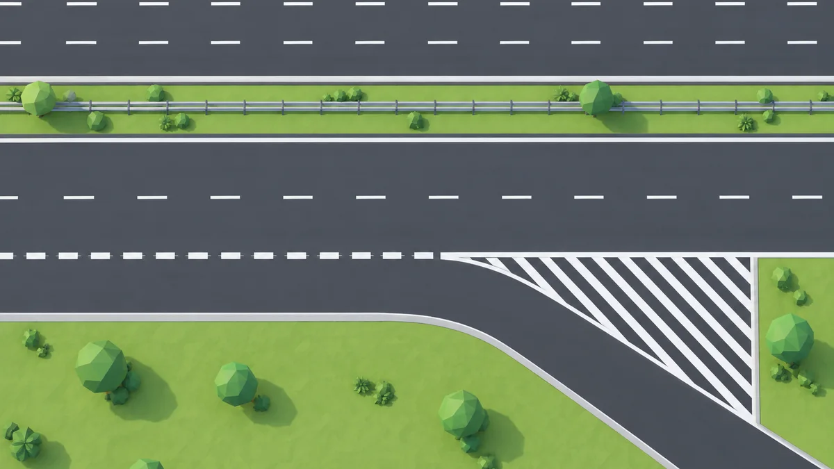 Motorway from above with an exit lane. Between the exit lane and the motorway lies a hatched area: diagonal white stripes inside a solid white border.