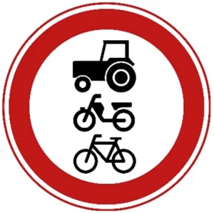 Gesloten voor ruiters, vee, wagens, landbouw- en bosbouwtrekkers, motorrijtuigen met beperkte snelheid, mobiele machines, brommobielen, fietsen, snorfietsen, bromfietsen en gehandicaptenvoertuigen