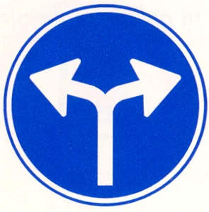 Gebod tot het volgen van één van de rijrichtingen die op het bord zijn aangegeven