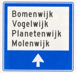 Wijkwegwijzer binnen de bebouwde kom, met wijknamen (in verkeersgebieden)